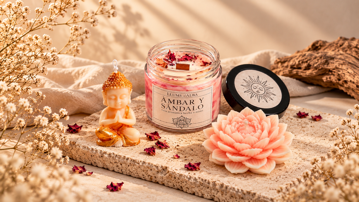 Velas artesanales de Llums de l’Alba: vela de Ámbar y Sándalo, Buda y flor de cera sobre piedra natural