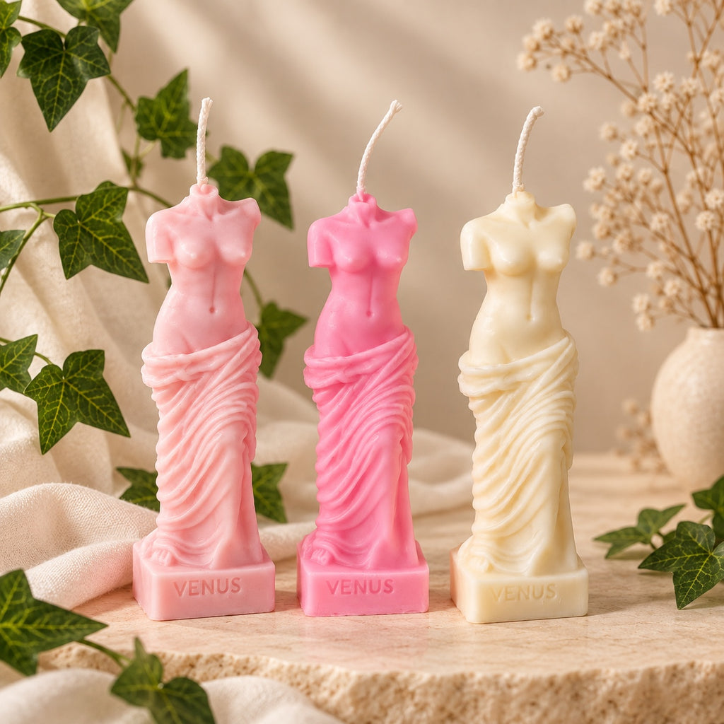 Velas esculturales Venus en rosa suave, rosa fucsia y marfil